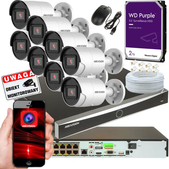 KOMPLETNY ZESTAW DO MONITORINGU NA 8 KAMER TUBOWYCH DS-2CD2043G2-I Z REJESTRATOREM DS-7608NXI-K2/8P i DYSKIEM TWARDYM WD PURPLE 2TB